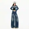 Conjunto jeans transfronteiriço para mulheres, com calças de perna larga e fluidas no estilo workwear americano, abotoado, lavagem vintage, jaqueta azul, calça longa azul escuro, azul escuro