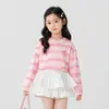 Camiseta Básica de Manga Larga para Niña, Nueva de Otoño, Elegante, Bordada con Corazón, Rayas Onduladas, Rosa con Salpicaduras Doradas