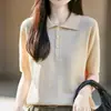 Camiseta tipo polo de manga corta de mezcla de lana estilo Old Money para mujer, hilo de algodón, cuello de solapa, holgada, manga media, capa interior, camiseta básica