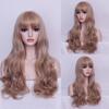 Peluca de mujer de cabello largo natural, cabeza completa, peluca superior completa, cubierta para la cabeza, flequillo oblicuo amarillo dorado, cabello largo y rizado, estilo popular en línea europeo y americano
