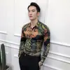 Camisa de manga larga de moda europea y americana para hombre, estilo coreano ajustado, personalizada, moderna, con estampado de flores, retro europeo 1913C Verde-P