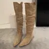 Botas de tacón puntiagudas plisadas para mujer 2026 Nuevas elegantes para aumentar altura, adelgazantes, versátiles, hasta la rodilla, estilo Western Cowboy