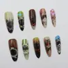 Uñas postizas estilo retro americano con pintura al óleo de gato y planeta en color café lechoso con lindos motivos de mascotas, piezas de uñas terminadas personalizadas