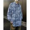 Jaqueta Camisa Xadrez Azul Streetwear Americano Tie-Dye Primavera e Verão Masculina Carta Ins Marca Tendência Versátil Top Americano