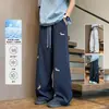 Calça Casual Bordada Dachshund Masculina Verão Tendência Patchwork Xadrez Cleanfit Solta Reta Perna Larga