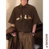 Camisa de Manga Curta Cartoon com Bordado de Gato Retro Americano para Homens, Marca Tendência de Verão, Estilo College, Top Versátil Casual Artístico
