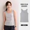 Camiseta sin mangas de verano para mujer en color gris hecha de Lyocell, Tencel y lino con botones, cuello redondo, entallada, capa base, cuello henley, top sin mangas