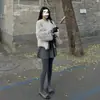 Saia Curta de Tricô de Lã Estilo Coreano com Listras Finas Moda Outono e Inverno Saia Casual Saia Evasê Feminina para Usar por Cima