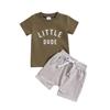 Ropa infantil de comercio exterior, chaqueta de manga corta con estampado de letras y cuello redondo, pantalones cortos de color liso, dos piezas multicolor, una generación de cabello