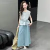 Conjunto de Verão para Meninas 2026 Novo Estilo, Conjunto de Duas Peças com Calça Pantalona Casual para Meninas Maiores, Top Sem Manga com Ajuste na Cintura Infantil