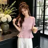 Camiseta de Manga Corta Fruncida Ceñida a la Cintura para Mujer 2026 Verano Nuevo Estilo de Moda Camiseta de Manga Corta con Cuello Redondo de Corte Ceñido para Mujer