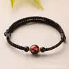 Pulseira de cordão vermelho tecida à mão com cristal de obsidiana, conta da sorte, unissex, corda de mão ajustável, joia