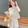 2026 Nuevo Conjunto de Dos Piezas de Moda Veraniega para Mujer, Estilo Francés Elegante, Top sin Mangas de Encaje Hueco y Shorts