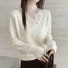 2026 Nuevo Estilo Coreano de Moda Manga Larga Encaje Versátil Patchwork Malla Volante Cuello Top