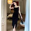 Vestido elegante retro de terciopelo dorado con tirantes para mujer, otoño e invierno 2024, nuevo diseño, cintura ajustada, vestido dividido.