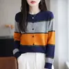 Nova Chegada Outono/Inverno 2026: Cardigã Feminino Color Block de Malha Veludo Macio, Gola Redonda, Caimento Solto e Manga Longa