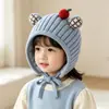 Otoño e Invierno Nuevo Bebé Gorro de Punto con Orejas de Caqui Orejas Cuadros Lindas Atado de Cinta Gorro Cálido de Lana para Bebé