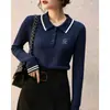 Suéter de Punto Trenzado Estilo Universitario Francés 2026 con Cuello Polo Bordado, Nuevo Top de Contraste de Color Vintage de Alta Gama Otoño/Invierno para Mujer