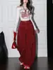 Calça Jeans Ankela Vermelha de Barra Curva para Mulheres 2026 Nova Cintura Alta Outono/Inverno Emagrecedora Solta de Perna Larga Roupa de Trabalho Calça Banana