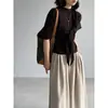 Blusa de Tricô Manga Curta com Gola Meia-Alta Jiang Zuo Atmosfera Suave para Mulheres Início do Outono com Xale Conjunto Preguiçoso de Duas Peças 95005