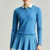 Roupas de Tênis de Malha Outono Inverno para Mulheres Respirável Gola Polo Roupa Esportiva Manga Longa Anti-exposição Saia Plissada Outdoor Golfe