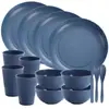 Conjunto de Talheres Portátil de Palha de Trigo com Listras Verticais Transfronteiriças: Tigela, Copo e Prato com Faca, Garfo, Colher, Hashi, Saladeira e Prato - Conjunto para Acampamento
