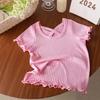 Camiseta de Manga Corta de Seda de Hielo para Niñas de Verano Moda para Mujer Mangas de Hoja de Loto Camiseta Estilo Coreano Estilo Extranjero Ropa Exterior Delgado Top de Encaje