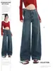 Jeans Americano Retro Cinza Cimento de Perna Larga Reto Novo 2025 para Mulheres Petite Soltos de Cintura Alta Calças Compridas