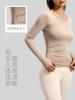 Juyitang Decote V Manga Longa Nude Roupa de Yoga Cintura Plissada Look Emagrecedor Justo Top Esportivo Fitness