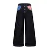 Jeans de pierna ancha con patchwork de estrellas, remaches y múltiples botones para hombre y mujer, estilo American high street, pierna recta, largos hasta el suelo, pantalones casuales holgados