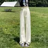 Jeans de Pierna Ancha de Cintura Alta Estilo Perezoso Color Verde Claro con Diseño de Color Contrastante Que Hacen Que las Piernas Se Vean Más Largas, Corte Ajustado, Versátiles, Pantalones que Moldean el Vientre