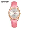 Reloj Transfronterizo Sanda Moda Reloj de Cuarzo 30m Resistente al Agua Estilo Coreano para Mujer Simple Incrustado de Diamantes Calendario Doble Correa de Cuero