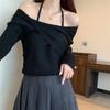Top de Punto Asimétrico con Cuello Halter Otoño e Invierno 2023 Diseño Cruzado Manga Larga Ajustada Falso Dos Piezas Ropa Sexy para Mujer