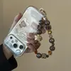 Cadena para Teléfono Estampado Leopardo Vintage con Bola de Pelo en Color Café, Correa de Cuentas Linda Hecha a Mano para Correa de Muñeca de Teléfono de Mujer