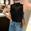Colete Tricot Preto Meia-Gola Vazado 2026 para Mulheres, Camada Interna Patchwork de Renda Primavera/Verão, Top Básico Ajustado Sem Mangas