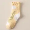Meias de Lã Coral Outono e Inverno para Mulheres, Engrossadas com Desenho de Urso Cartoon, Meias de Cano Médio, Quentes e Confortáveis para Casa, Dormir e Usar no Chão