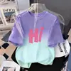 Camiseta de Verano con Degradado para Niñas, Manga Corta Infantil, Nueva Estampada Holgada Estilo Coreano Versátil Moderna para Niños Mayores