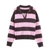 Moda de Otoño 2025 Versátil Cuello Polo Rayas en Contraste Tejido de Punto Ajuste Holgado Adelgazante Suéter Casual de Punto