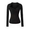 2026 Verano Nuevo Estilo Chica Picante Americana Camiseta de Manga Larga Plisada con Cuello en V de Dos Piezas Falsas para Mujer Color Sólido Ajuste Delgado Top Básico
