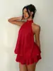 Ropa de resort transfronteriza europea y americana para mujer: vestido top de chifón, corte ajustado, sexy, sin espalda, cuello halter, cintura de corbata, con falda corta acampanada