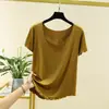 Camiseta base de manga corta para mujer, color liso, con volantes, holgada, sin costuras, talla grande, cuello redondo