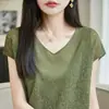 Blusa de tricô curta de manga curta com decote V, estilo coreano, falsa de duas peças, fresca e respirável, para mulheres, camiseta fina de verão vazada versátil