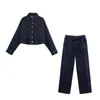 ZA Transfronterizo Nuevo Casual Solapa Mezclilla Lavada Traje Chaqueta Corta para Mujer Cordón Pantalones de Pierna Ancha Pantalones Largos Conjunto de Dos Piezas