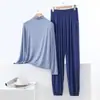 Conjunto de Pijama Duas Peças de Modal para Primavera e Verão Roupa de Casa Feminina Tamanho Grande Estilo Leve Respirável Manga Longa Calça Pijama Conjunto Cor Sólida