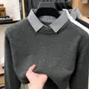 Suéter grosso falso de duas peças transfronteiriço para homens, nova moda outono/inverno 2026, gola de camisa casual, malha masculina quente