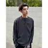 Camiseta de manga larga gris oscuro con cuello Henry para hombre, estilo retro americano de otoño con cordón, sudadera tipo polo de hombro normal, adecuada como capa interior