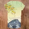 Camisa de mujer personalizada con estampado digital 3D de jazmín de invierno vibrante y mariposas transfronterizas, cuello en V, manga corta