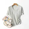 Oferta Especial, Sin Devoluciones ni Cambios. Camiseta de punto Tencel ligera, transpirable y fresca con cuello en U de acetato para mujer, top de manga corta de color liso para verano