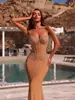 Vestido de noite corset sexy europeu e americano sem alças, vestido longo de malha nude com lantejoulas estilo sereia para banquetes e festas anuais