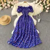 Vestido floral adelgazante estilo hada retro francés, fresco y sencillo, con cintura alta, cordón, cintura plisada y un bajo amplio acampanado